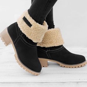 Black Plush-Lined Fold-Over Boot - Women